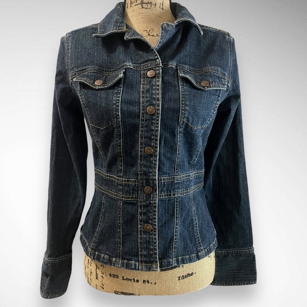 SO GSJC Women's Dark Wash Denim Jacket With Stress Medium | EUC - Picture 2 of 7